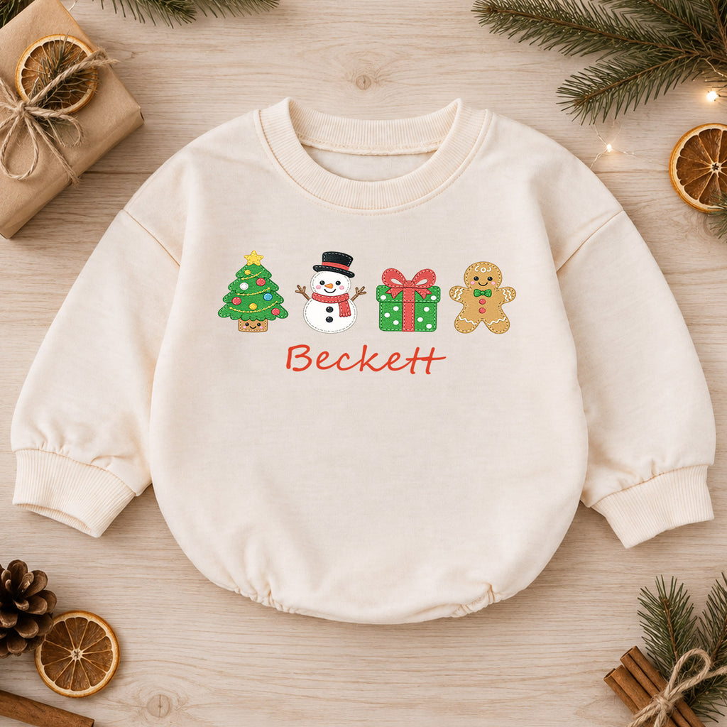 Custom Name Christmas Icon Baby Romper, Personalized Tree Snowman Gingerbread Outfit, 1st Christmas and My First Birthday Gift — product view 1