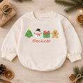 Custom Name Christmas Icon Baby Romper, Personalized Tree Snowman Gingerbread Outfit, 1st Christmas and My First Birthday Gift — product view 1