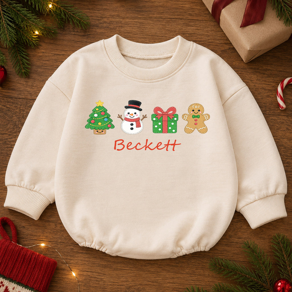 Custom Name Christmas Icon Baby Romper, Personalized Tree Snowman Gingerbread Outfit, 1st Christmas and My First Birthday Gift — product view 2