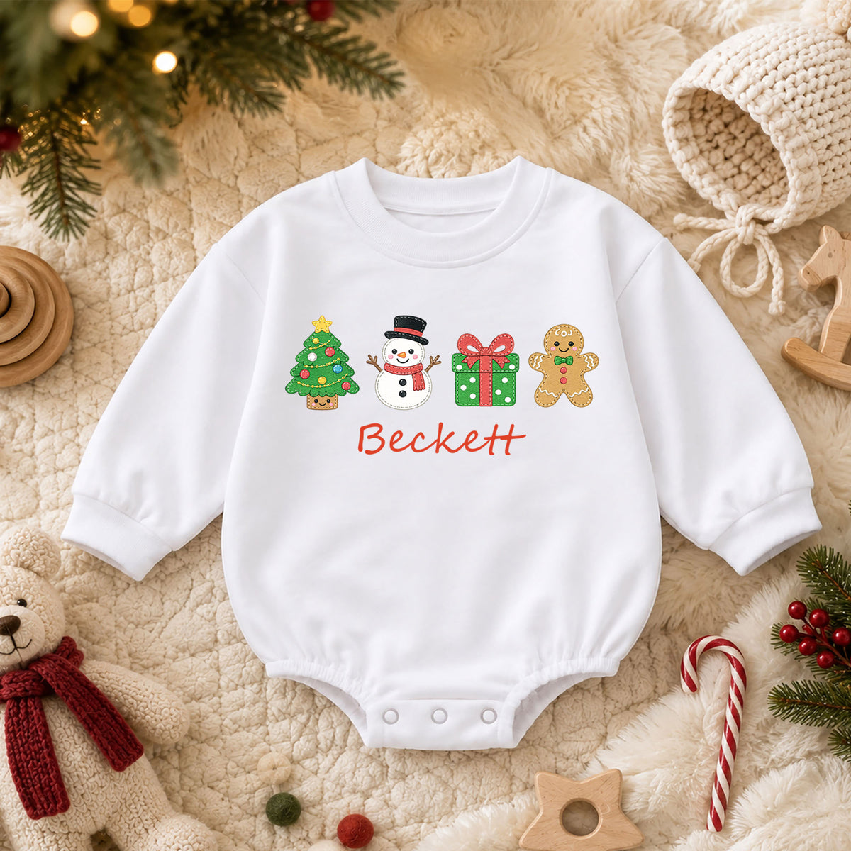Custom Name Christmas Icon Baby Romper, Personalized Tree Snowman Gingerbread Outfit, 1st Christmas and My First Birthday Gift — product view 3