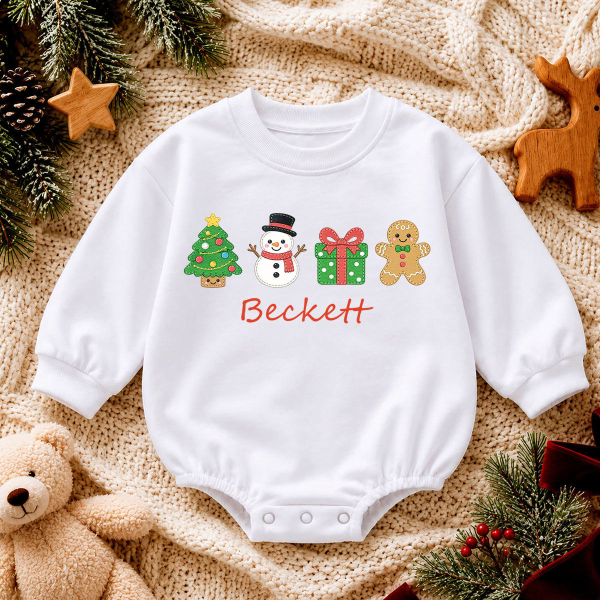 Custom Name Christmas Icon Baby Romper, Personalized Tree Snowman Gingerbread Outfit, 1st Christmas and My First Birthday Gift — product view 4
