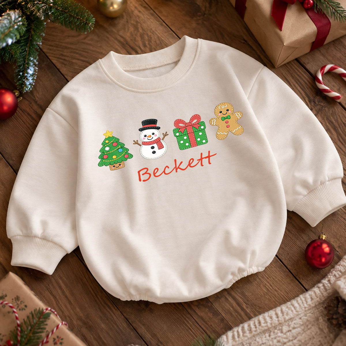 Custom Name Christmas Icon Baby Romper, Personalized Tree Snowman Gingerbread Outfit, 1st Christmas and My First Birthday Gift — product view 5