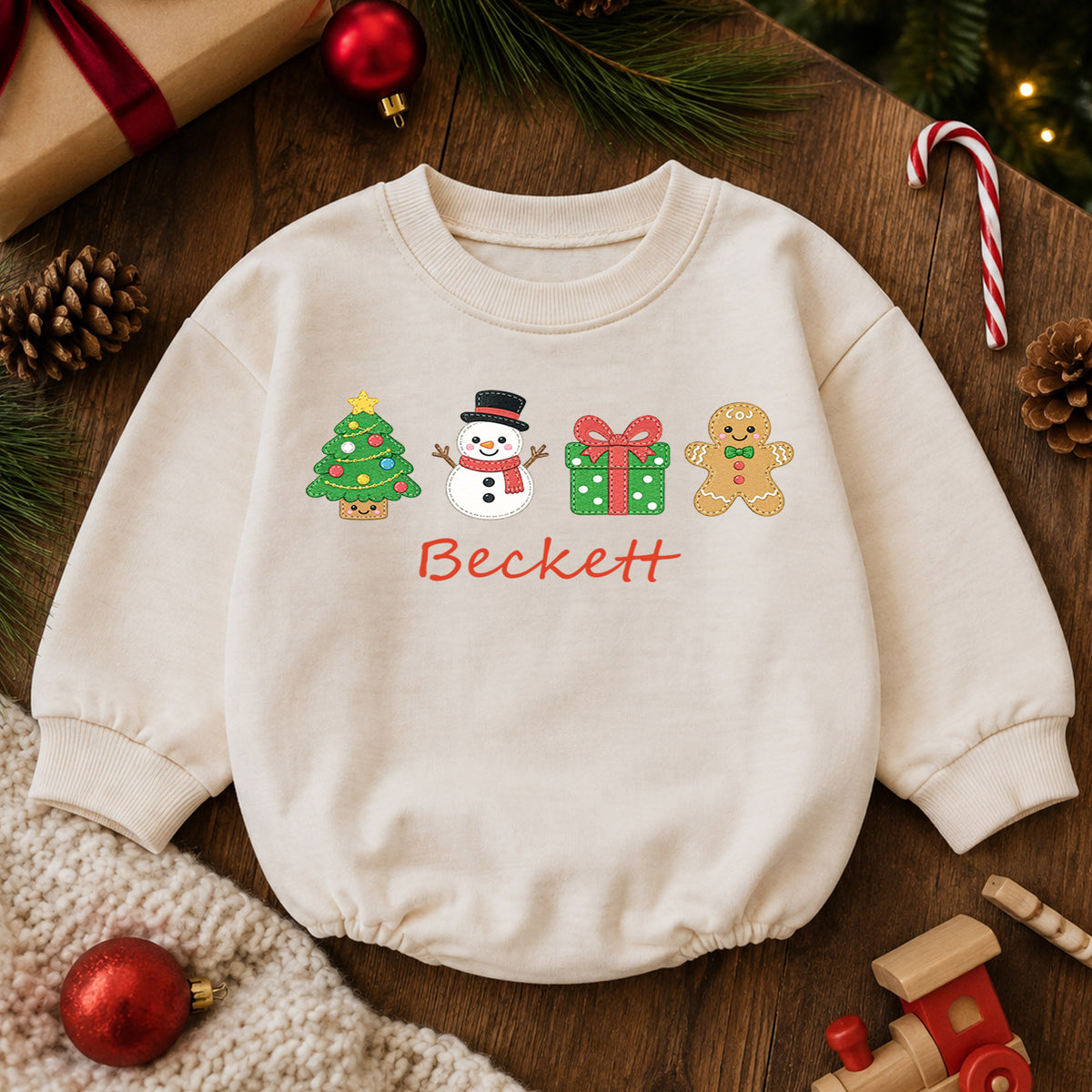 Custom Name Christmas Icon Baby Romper, Personalized Tree Snowman Gingerbread Outfit, 1st Christmas and My First Birthday Gift — product view 6