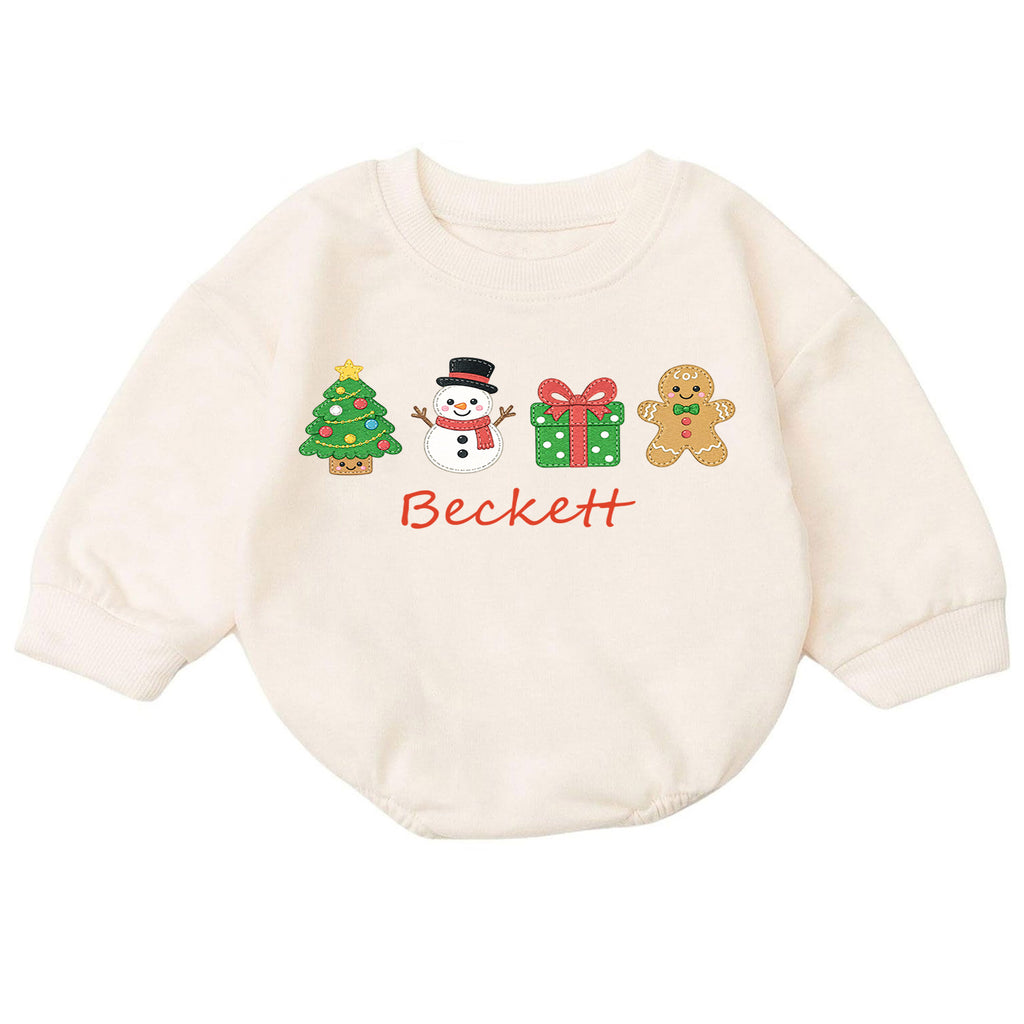Custom Name Christmas Icon Baby Romper, Personalized Tree Snowman Gingerbread Outfit, 1st Christmas and My First Birthday Gift — product view 7