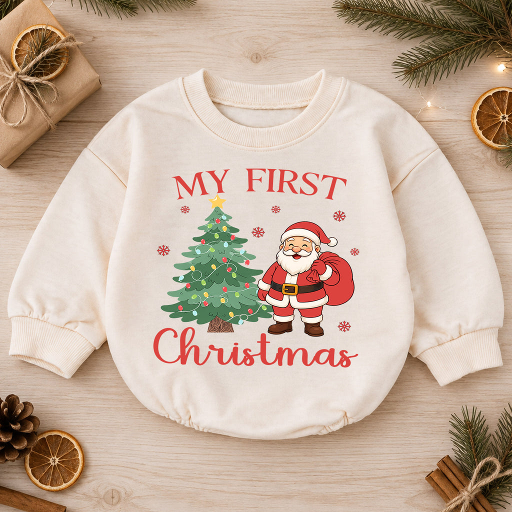 My First Christmas Santa Baby Romper, Santa and Christmas Tree Romper, Baby First Xmas Outfit, Holiday Keepsake Gift — product view 1