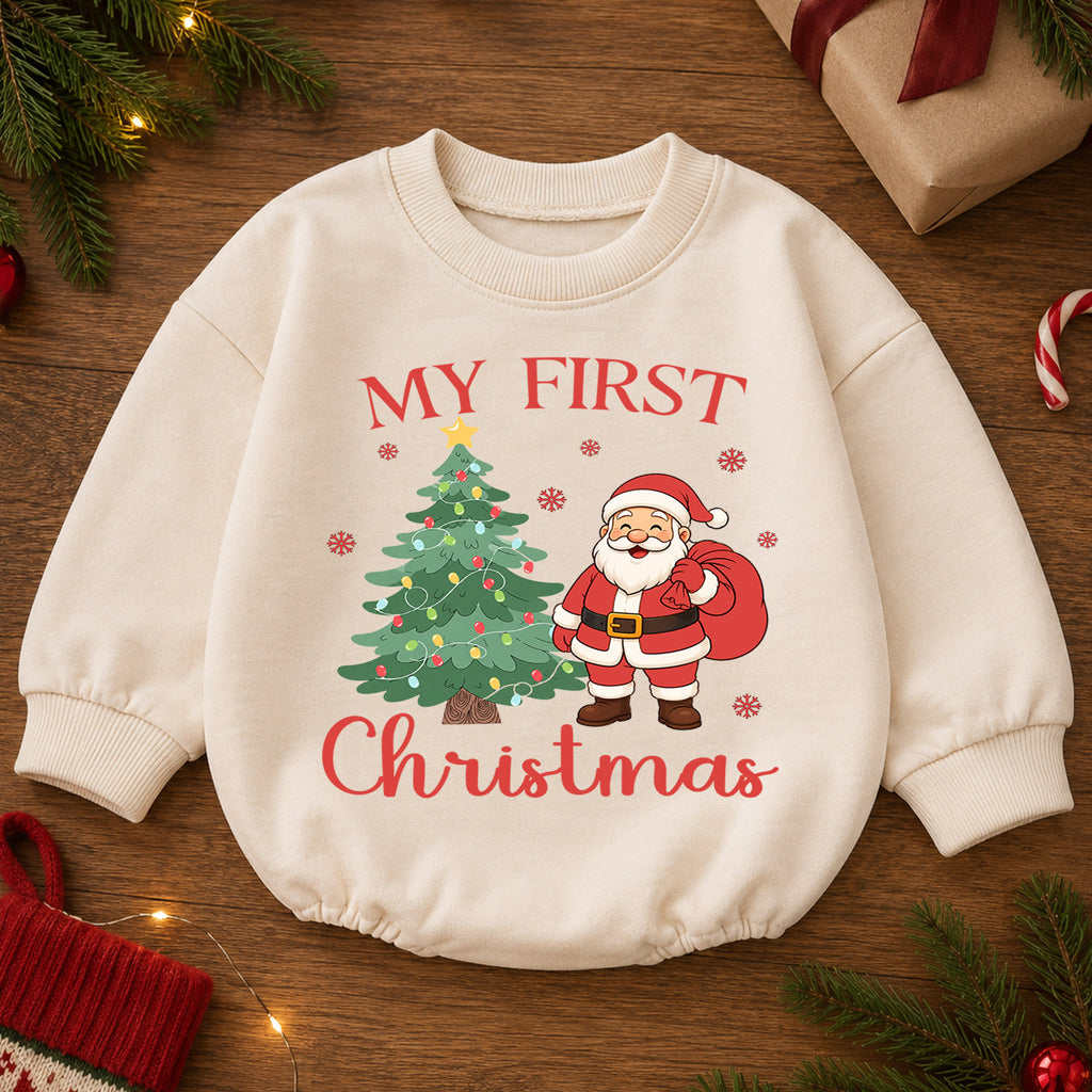 My First Christmas Santa Baby Romper, Santa and Christmas Tree Romper, Baby First Xmas Outfit, Holiday Keepsake Gift — product view 2