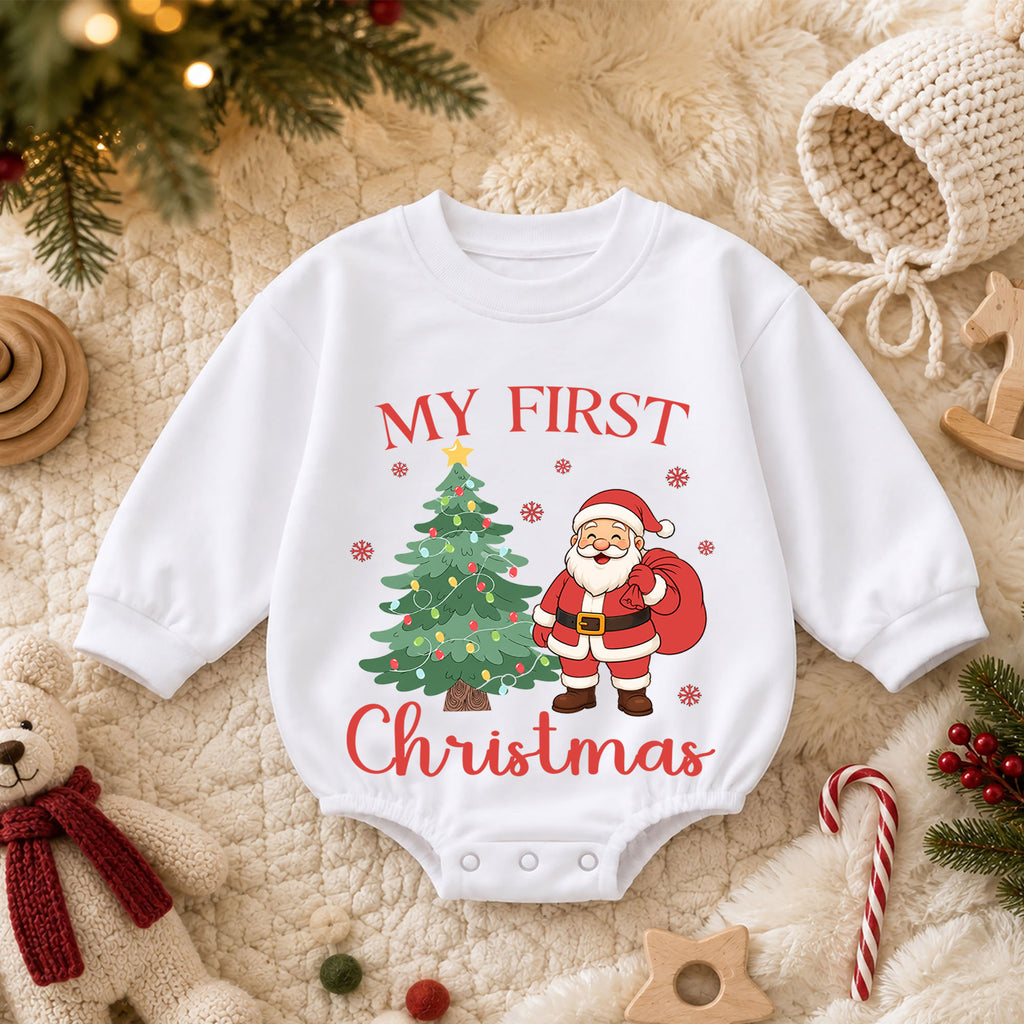 My First Christmas Santa Baby Romper, Santa and Christmas Tree Romper, Baby First Xmas Outfit, Holiday Keepsake Gift — product view 3