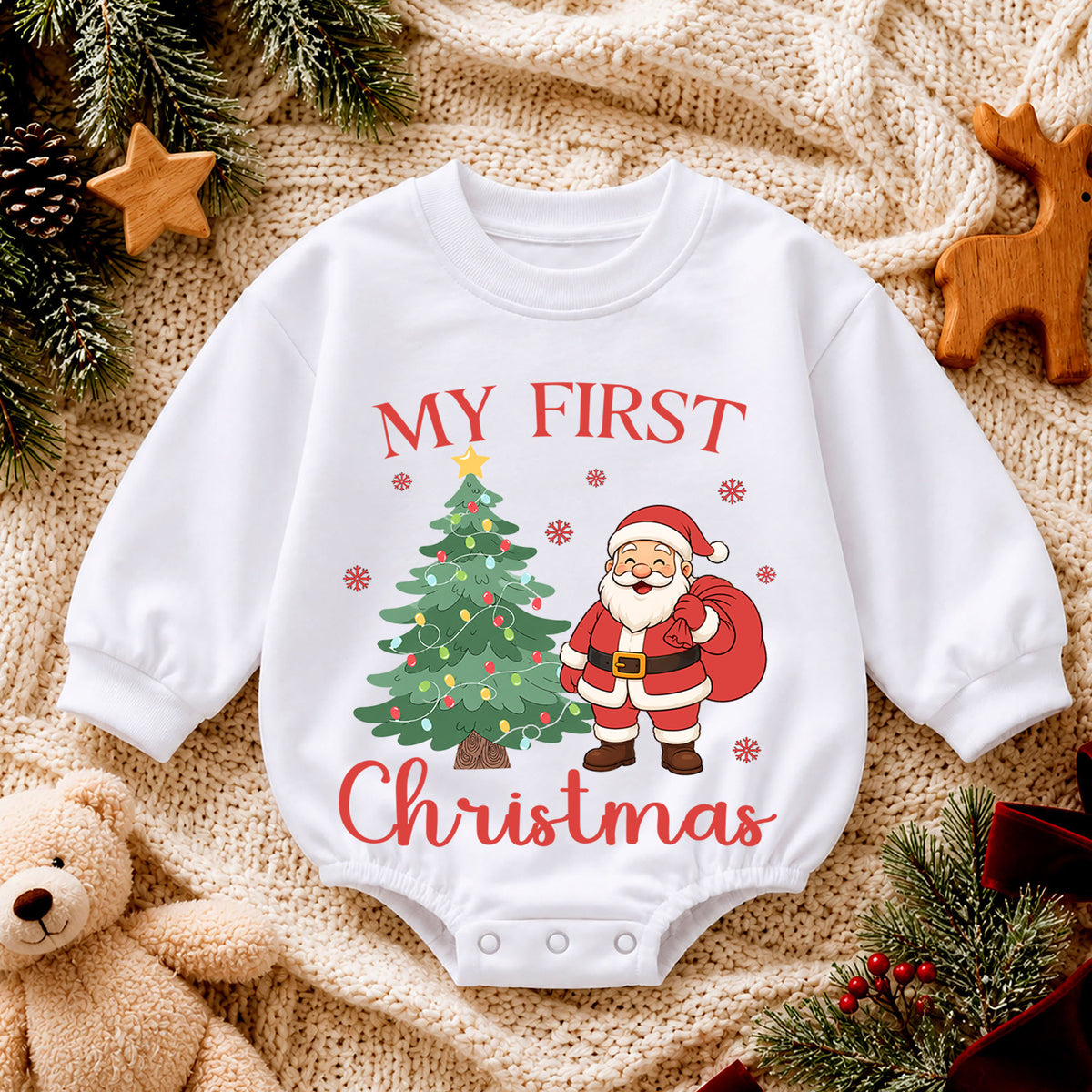 My First Christmas Santa Baby Romper, Santa and Christmas Tree Romper, Baby First Xmas Outfit, Holiday Keepsake Gift — product view 4