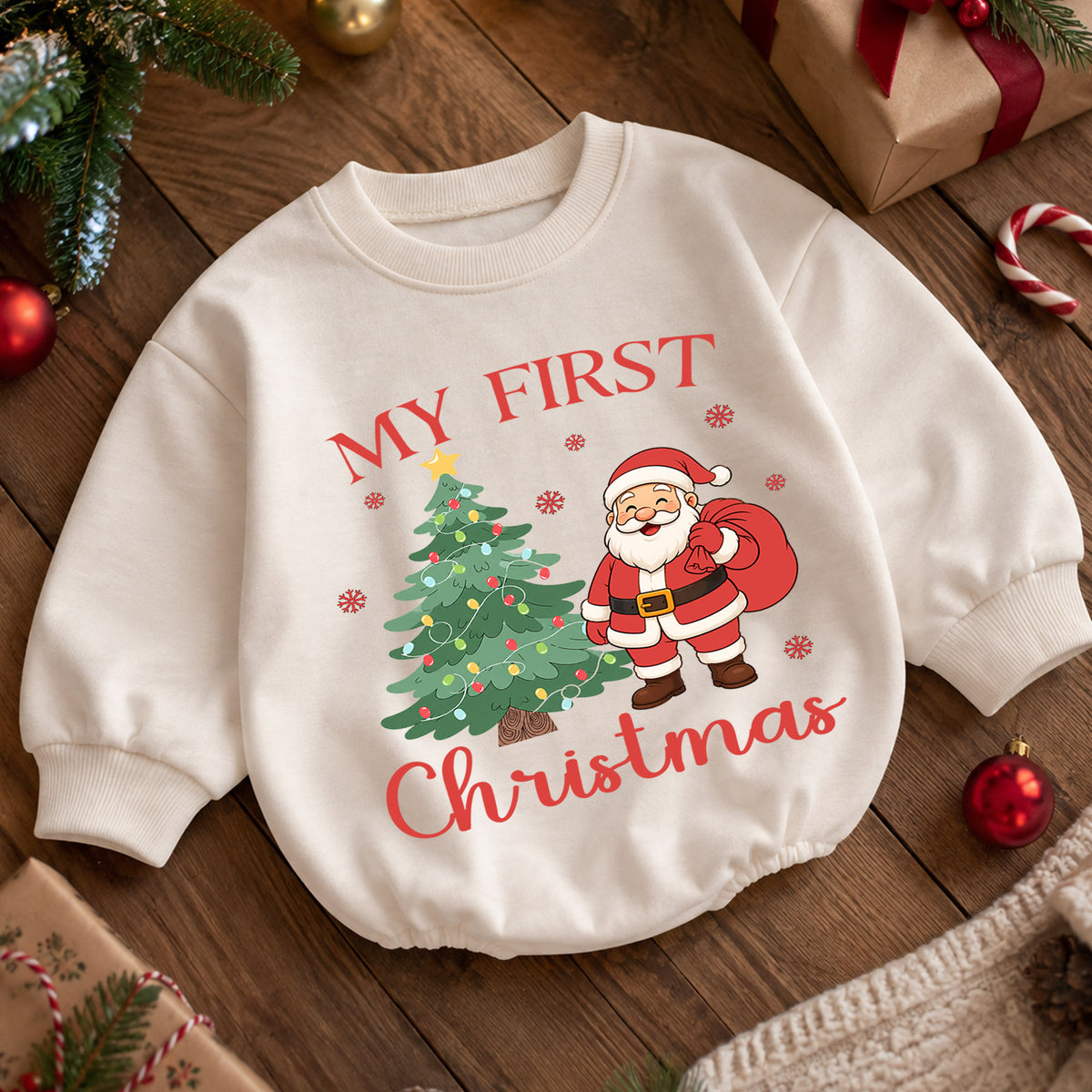 My First Christmas Santa Baby Romper, Santa and Christmas Tree Romper, Baby First Xmas Outfit, Holiday Keepsake Gift — product view 5