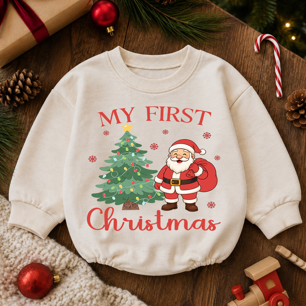 My First Christmas Santa Baby Romper, Santa and Christmas Tree Romper, Baby First Xmas Outfit, Holiday Keepsake Gift — product view 6