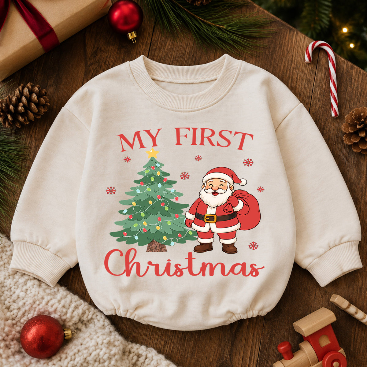 My First Christmas Santa Baby Romper, Santa and Christmas Tree Romper, Baby First Xmas Outfit, Holiday Keepsake Gift — product view 6