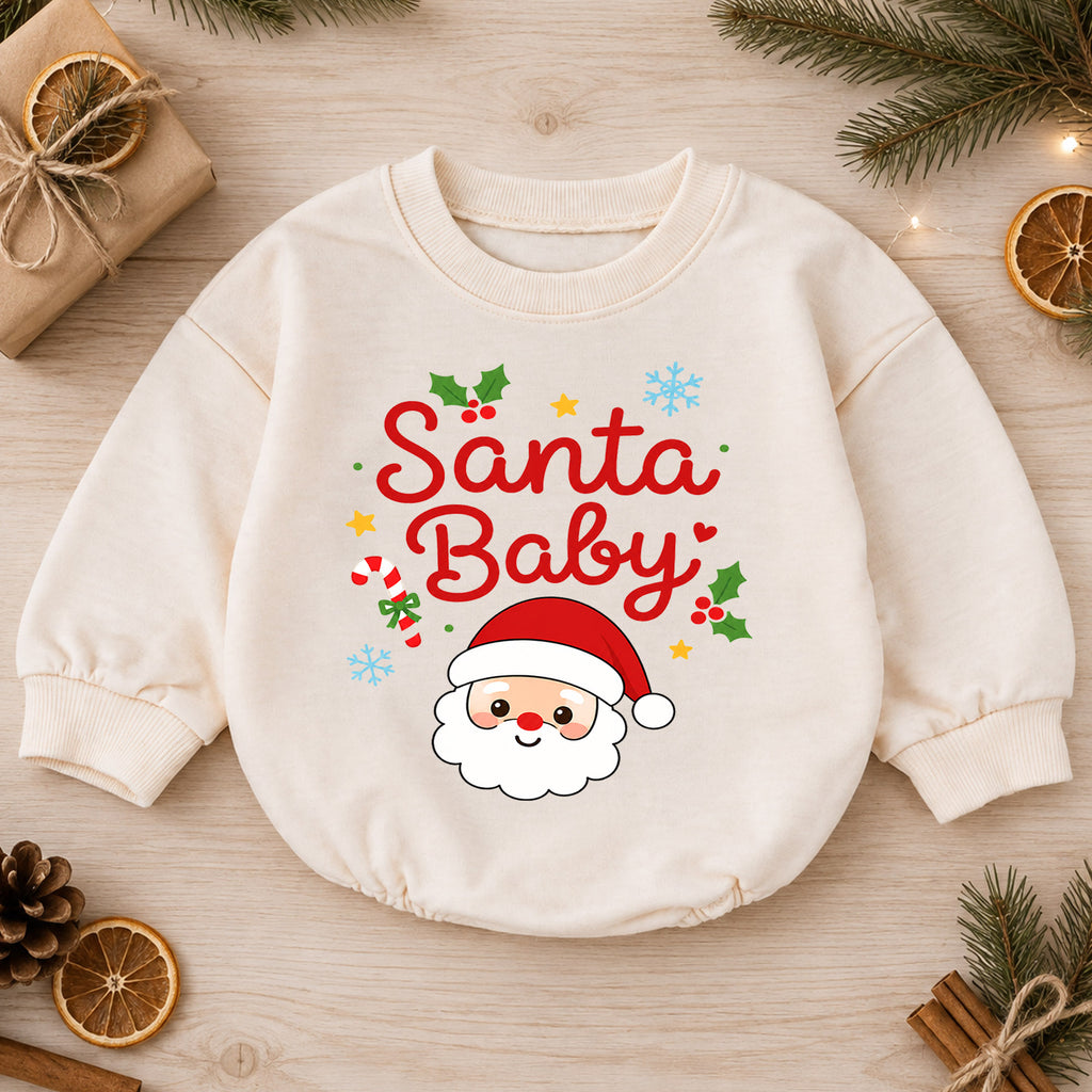 Santa Baby Christmas Romper, Cute Santa Face Holiday Romper, Toddler Christmas Outfit, Baby Xmas Romper, Holiday Gift for Baby — product view 1