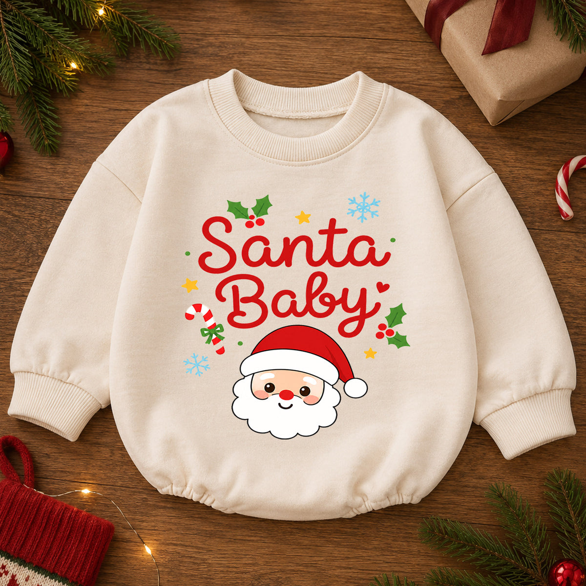 Santa Baby Christmas Romper, Cute Santa Face Holiday Romper, Toddler Christmas Outfit, Baby Xmas Romper, Holiday Gift for Baby — product view 2