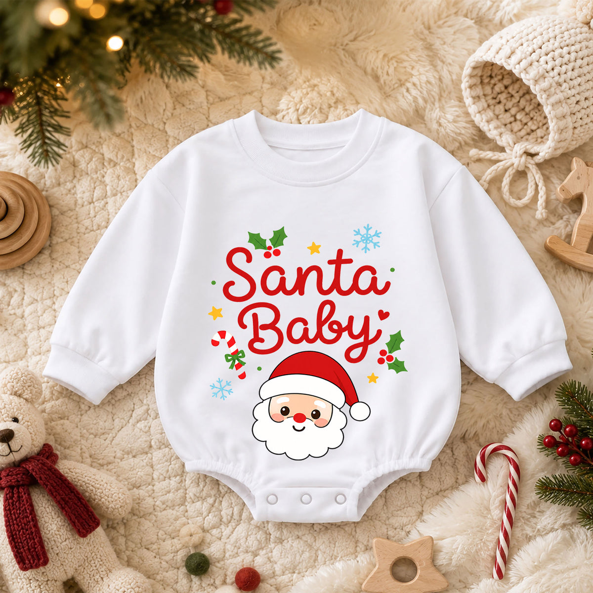 Santa Baby Christmas Romper, Cute Santa Face Holiday Romper, Toddler Christmas Outfit, Baby Xmas Romper, Holiday Gift for Baby — product view 3