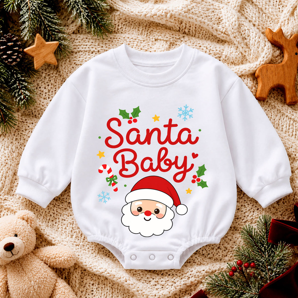Santa Baby Christmas Romper, Cute Santa Face Holiday Romper, Toddler Christmas Outfit, Baby Xmas Romper, Holiday Gift for Baby — product view 4