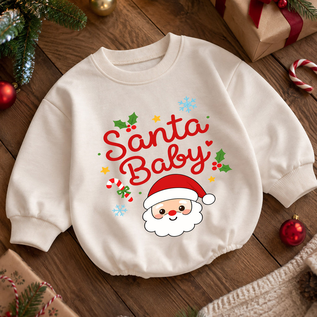 Santa Baby Christmas Romper, Cute Santa Face Holiday Romper, Toddler Christmas Outfit, Baby Xmas Romper, Holiday Gift for Baby — product view 5