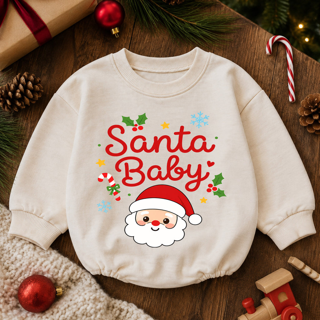 Santa Baby Christmas Romper, Cute Santa Face Holiday Romper, Toddler Christmas Outfit, Baby Xmas Romper, Holiday Gift for Baby — product view 6