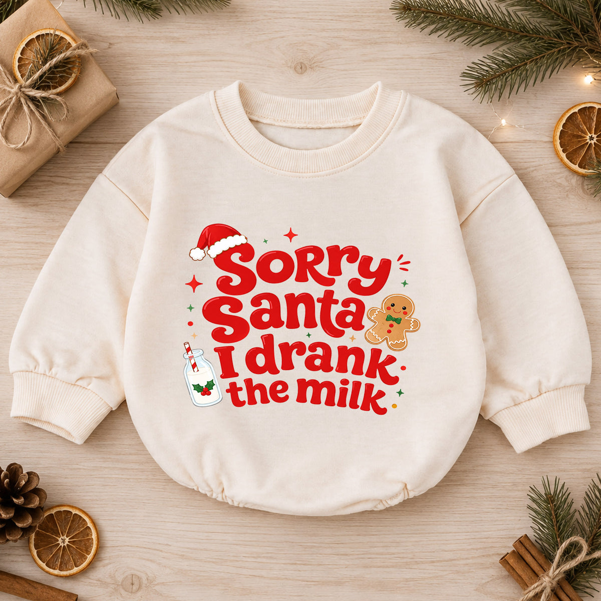 Sorry Santa I Drank the Milk Baby Romper, Funny Christmas Romper, Gingerbread Holiday Outfit, Christmas Eve Baby Gift — product view 1