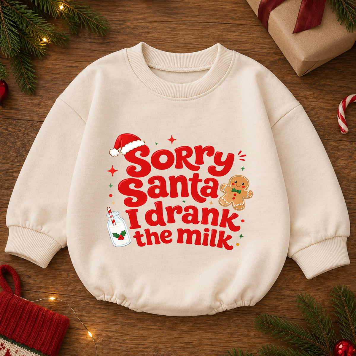 Sorry Santa I Drank the Milk Baby Romper, Funny Christmas Romper, Gingerbread Holiday Outfit, Christmas Eve Baby Gift — product view 2