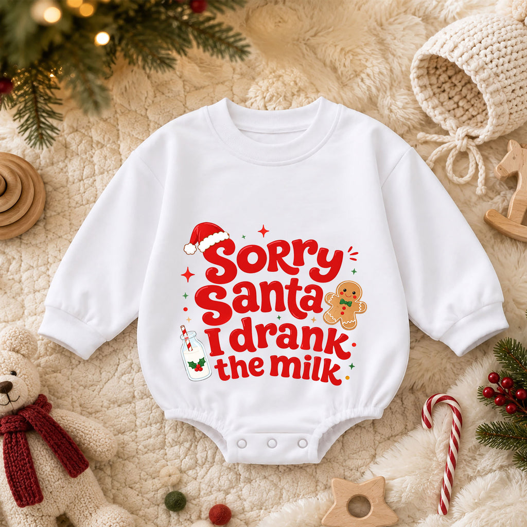 Sorry Santa I Drank the Milk Baby Romper, Funny Christmas Romper, Gingerbread Holiday Outfit, Christmas Eve Baby Gift — product view 3