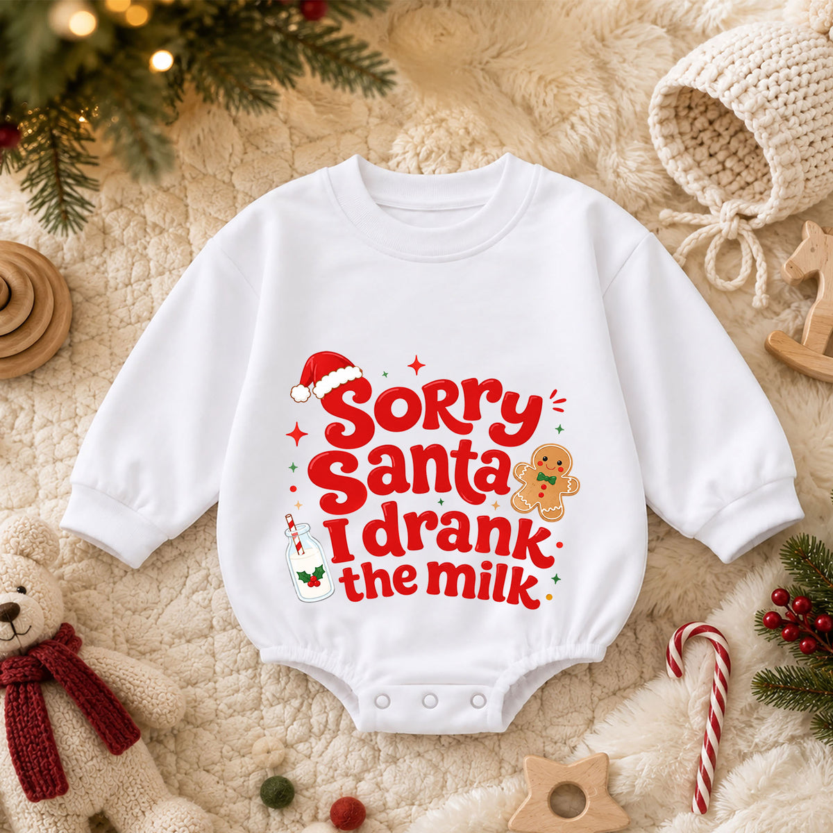 Sorry Santa I Drank the Milk Baby Romper, Funny Christmas Romper, Gingerbread Holiday Outfit, Christmas Eve Baby Gift — product view 3