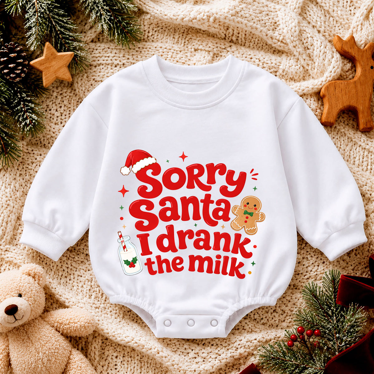 Sorry Santa I Drank the Milk Baby Romper, Funny Christmas Romper, Gingerbread Holiday Outfit, Christmas Eve Baby Gift — product view 4