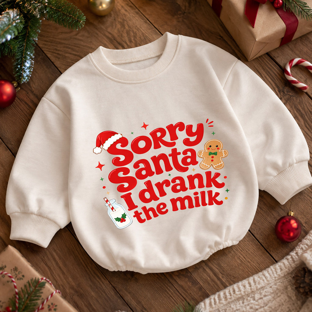 Sorry Santa I Drank the Milk Baby Romper, Funny Christmas Romper, Gingerbread Holiday Outfit, Christmas Eve Baby Gift — product view 5