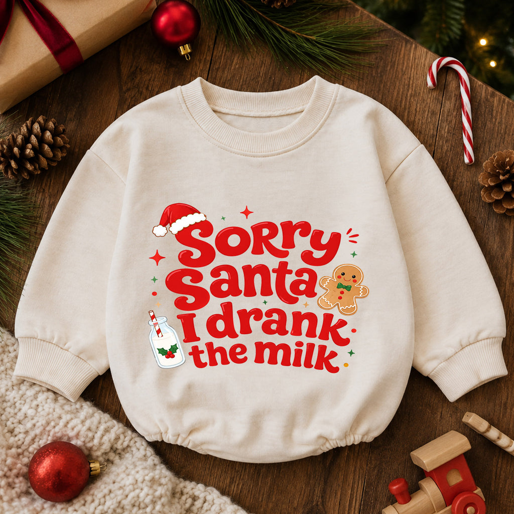 Sorry Santa I Drank the Milk Baby Romper, Funny Christmas Romper, Gingerbread Holiday Outfit, Christmas Eve Baby Gift — product view 6