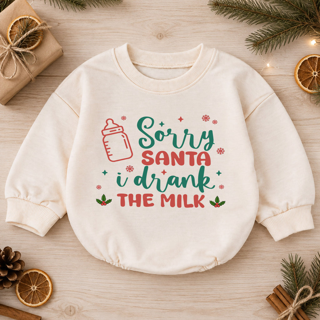 Sorry Santa I Drank the Milk Baby Romper, Minimal 1st Christmas Outfit, Holiday Romper for 1st Birthday, Funny Xmas Keepsake Gift — product view 1