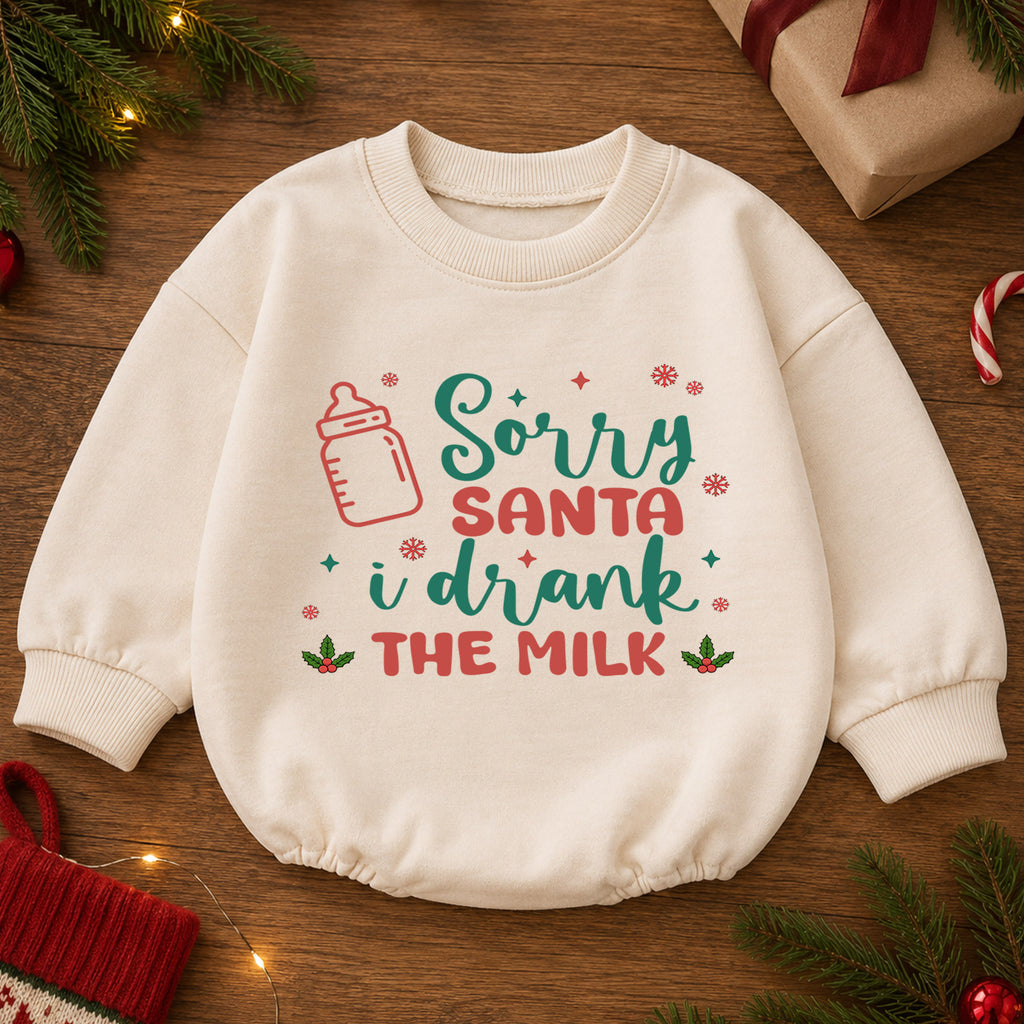 Sorry Santa I Drank the Milk Baby Romper, Minimal 1st Christmas Outfit, Holiday Romper for 1st Birthday, Funny Xmas Keepsake Gift — product view 2