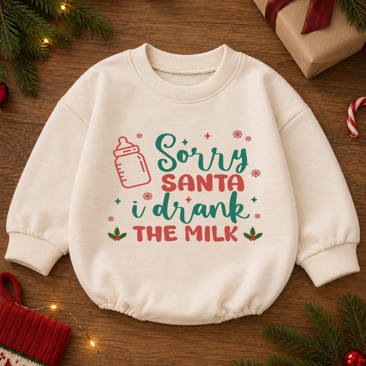 Sorry Santa I Drank the Milk Baby Romper, Minimal 1st Christmas Outfit, Holiday Romper for 1st Birthday, Funny Xmas Keepsake Gift — product view 2