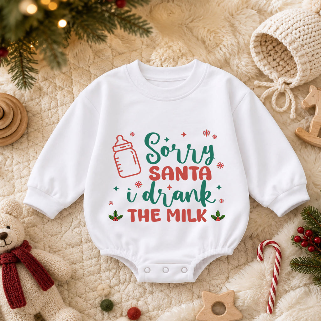 Sorry Santa I Drank the Milk Baby Romper, Minimal 1st Christmas Outfit, Holiday Romper for 1st Birthday, Funny Xmas Keepsake Gift — product view 3