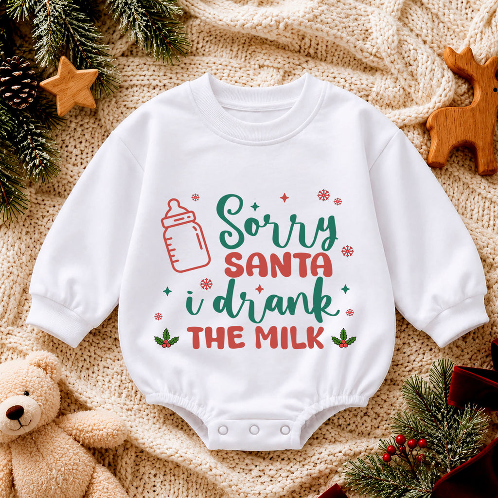 Sorry Santa I Drank the Milk Baby Romper, Minimal 1st Christmas Outfit, Holiday Romper for 1st Birthday, Funny Xmas Keepsake Gift — product view 4