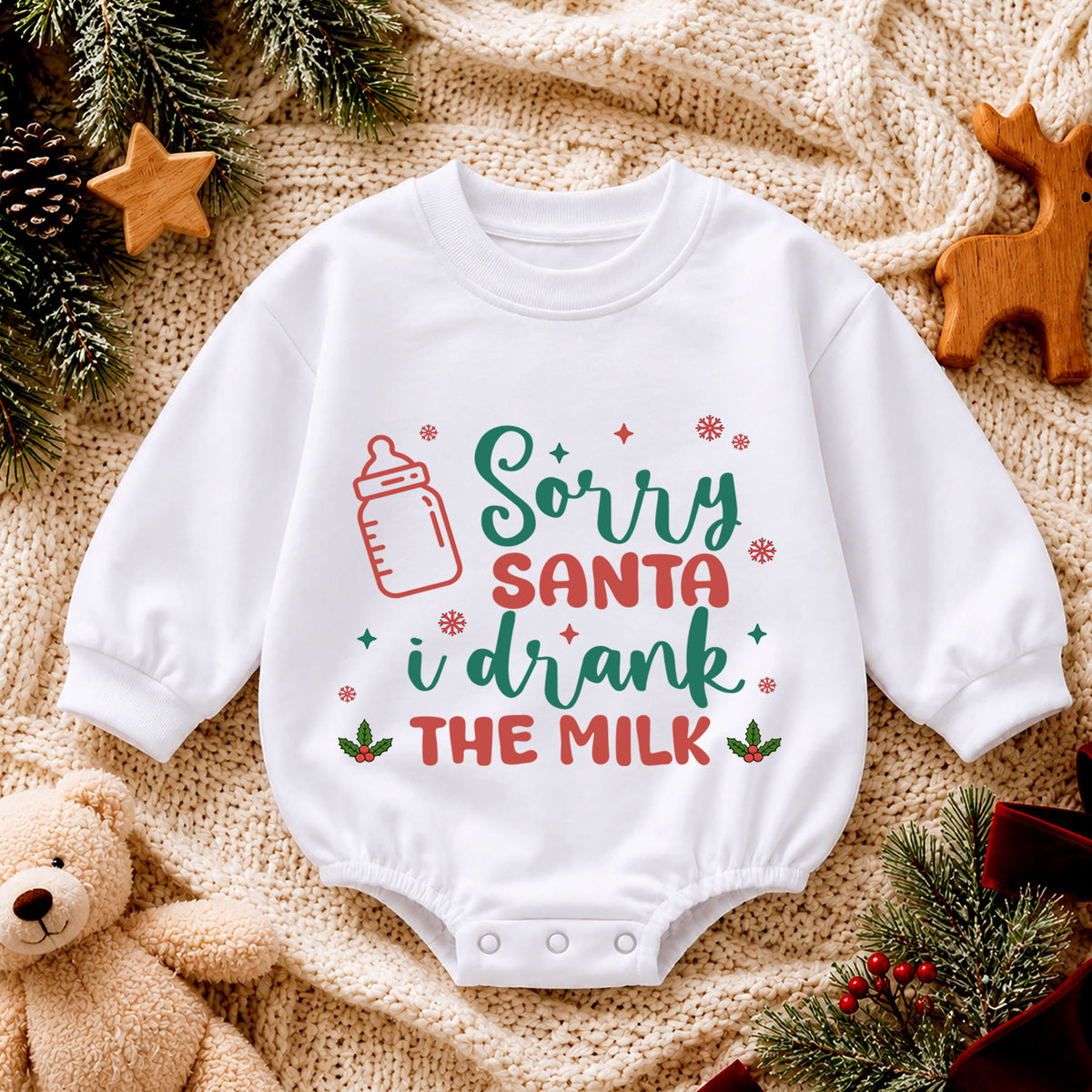 Sorry Santa I Drank the Milk Baby Romper, Minimal 1st Christmas Outfit, Holiday Romper for 1st Birthday, Funny Xmas Keepsake Gift — product view 4