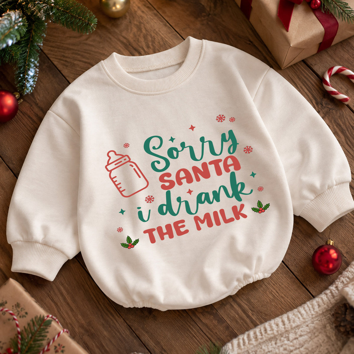 Sorry Santa I Drank the Milk Baby Romper, Minimal 1st Christmas Outfit, Holiday Romper for 1st Birthday, Funny Xmas Keepsake Gift — product view 5