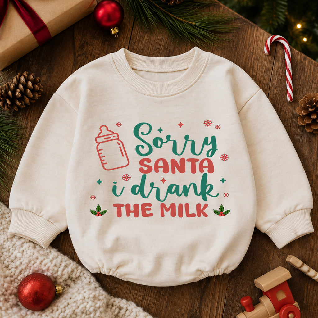 Sorry Santa I Drank the Milk Baby Romper, Minimal 1st Christmas Outfit, Holiday Romper for 1st Birthday, Funny Xmas Keepsake Gift — product view 6