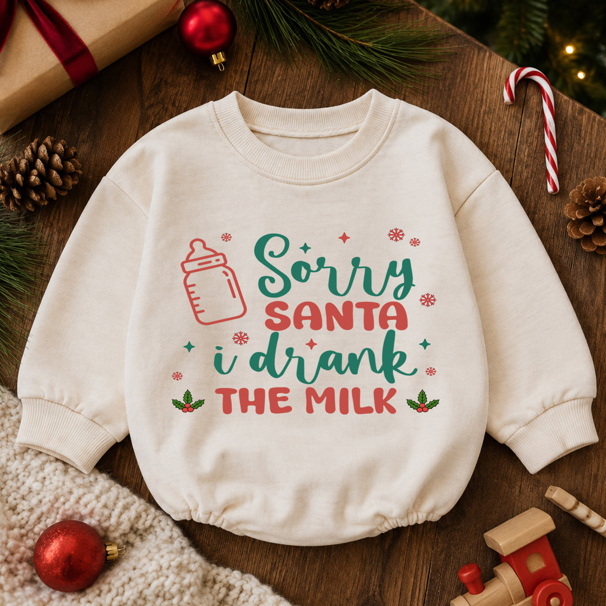Sorry Santa I Drank the Milk Baby Romper, Minimal 1st Christmas Outfit, Holiday Romper for 1st Birthday, Funny Xmas Keepsake Gift — product view 6