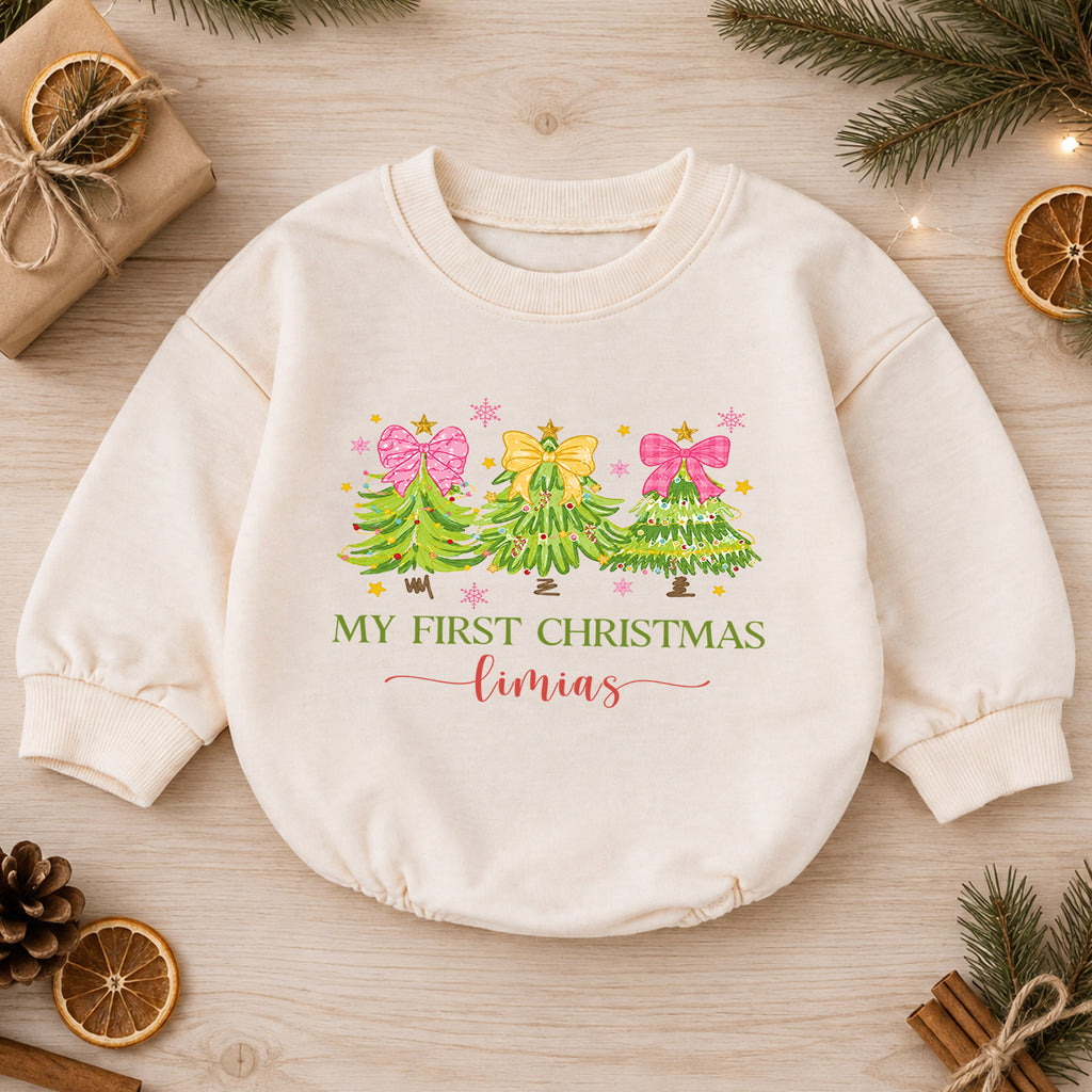 Personalized My First Christmas Romper, Custom Name Pink Bow Christmas Tree Outfit, 1st Christmas Keepsake, First Birthday Gift — product view 1