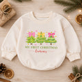 Personalized My First Christmas Romper, Custom Name Pink Bow Christmas Tree Outfit, 1st Christmas Keepsake, First Birthday Gift — product view 1