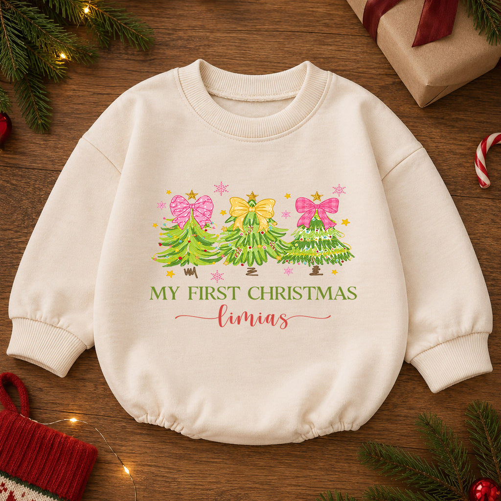 Personalized My First Christmas Romper, Custom Name Pink Bow Christmas Tree Outfit, 1st Christmas Keepsake, First Birthday Gift — product view 2