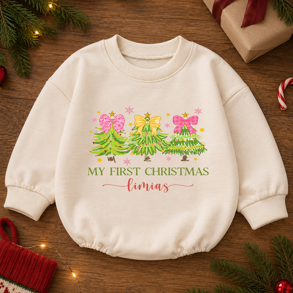 Personalized My First Christmas Romper, Custom Name Pink Bow Christmas Tree Outfit, 1st Christmas Keepsake, First Birthday Gift — product view 2