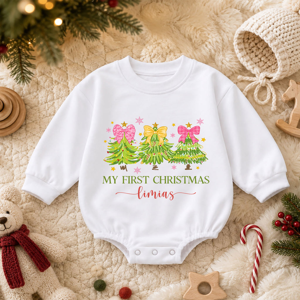 Personalized My First Christmas Romper, Custom Name Pink Bow Christmas Tree Outfit, 1st Christmas Keepsake, First Birthday Gift — product view 3