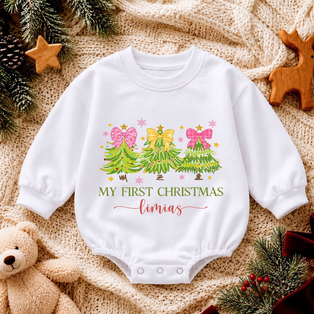 Personalized My First Christmas Romper, Custom Name Pink Bow Christmas Tree Outfit, 1st Christmas Keepsake, First Birthday Gift — product view 4