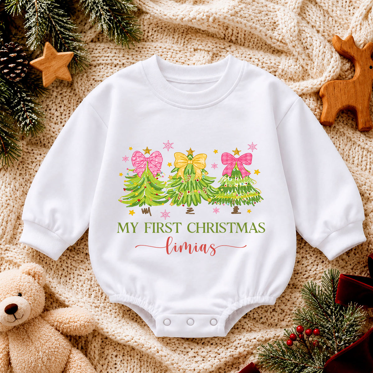 Personalized My First Christmas Romper, Custom Name Pink Bow Christmas Tree Outfit, 1st Christmas Keepsake, First Birthday Gift — product view 4