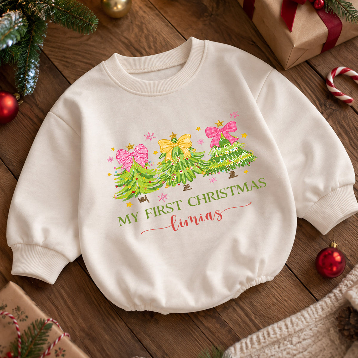Personalized My First Christmas Romper, Custom Name Pink Bow Christmas Tree Outfit, 1st Christmas Keepsake, First Birthday Gift — product view 5
