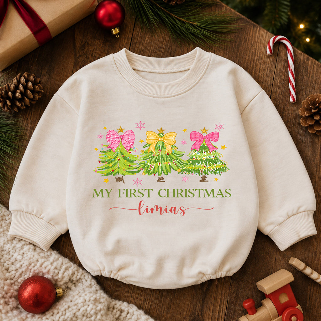 Personalized My First Christmas Romper, Custom Name Pink Bow Christmas Tree Outfit, 1st Christmas Keepsake, First Birthday Gift — product view 6