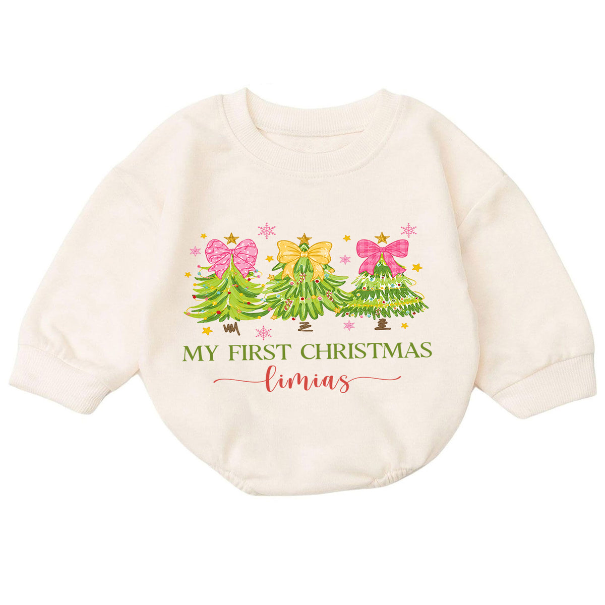 Personalized My First Christmas Romper, Custom Name Pink Bow Christmas Tree Outfit, 1st Christmas Keepsake, First Birthday Gift — product view 7