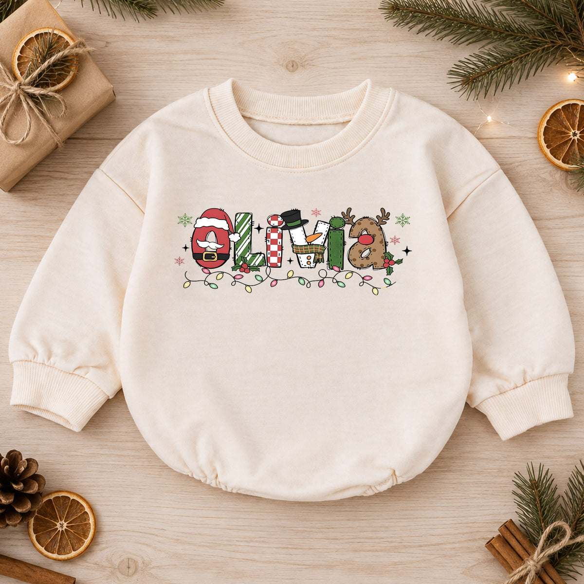 Custom Name Christmas Character Romper, Personalized Santa Snowman Reindeer Outfit, 1st Christmas Baby Gift, First Birthday Keepsake — product view 1