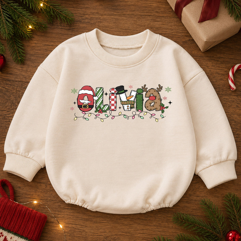 Custom Name Christmas Character Romper, Personalized Santa Snowman Reindeer Outfit, 1st Christmas Baby Gift, First Birthday Keepsake — product view 2