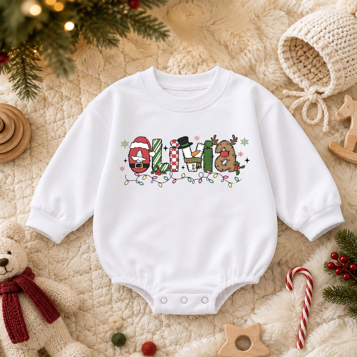 Custom Name Christmas Character Romper, Personalized Santa Snowman Reindeer Outfit, 1st Christmas Baby Gift, First Birthday Keepsake — product view 3